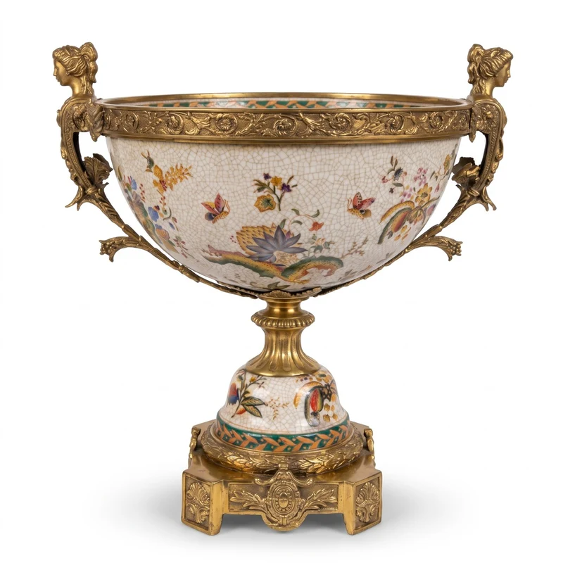 Casa Padrino Jugendstil Porzellan Schüssel Mehrfarbig / Messing 40 x H. 42 cm - Prunkvolle Porzellan Schale - Barock & Jugendstil Deko Accessoires