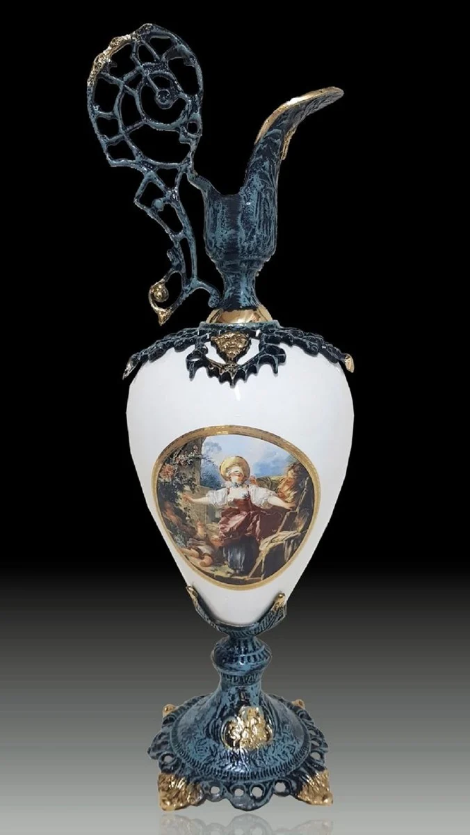 Casa Padrino Luxus Barock Vase in Weinkrug Form Blau / Weiß / Mehrfarbig / Gold 20 x H. 60 cm - Handgefertigte Barockstil Blumenvase - Barock Deko Accessoires - Edel & Prunkvoll