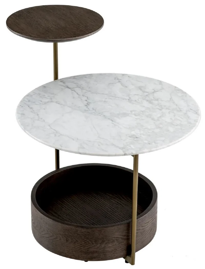 Casa Padrino Luxus Beistelltisch mit Marmorplatte Braun / Weiß / Messing 59,5 x 45 x H. 54,5 cm - Wohnzimmer Möbel - Luxus Möbel - Wohnzimmer Einrichtung - Luxus Qualität