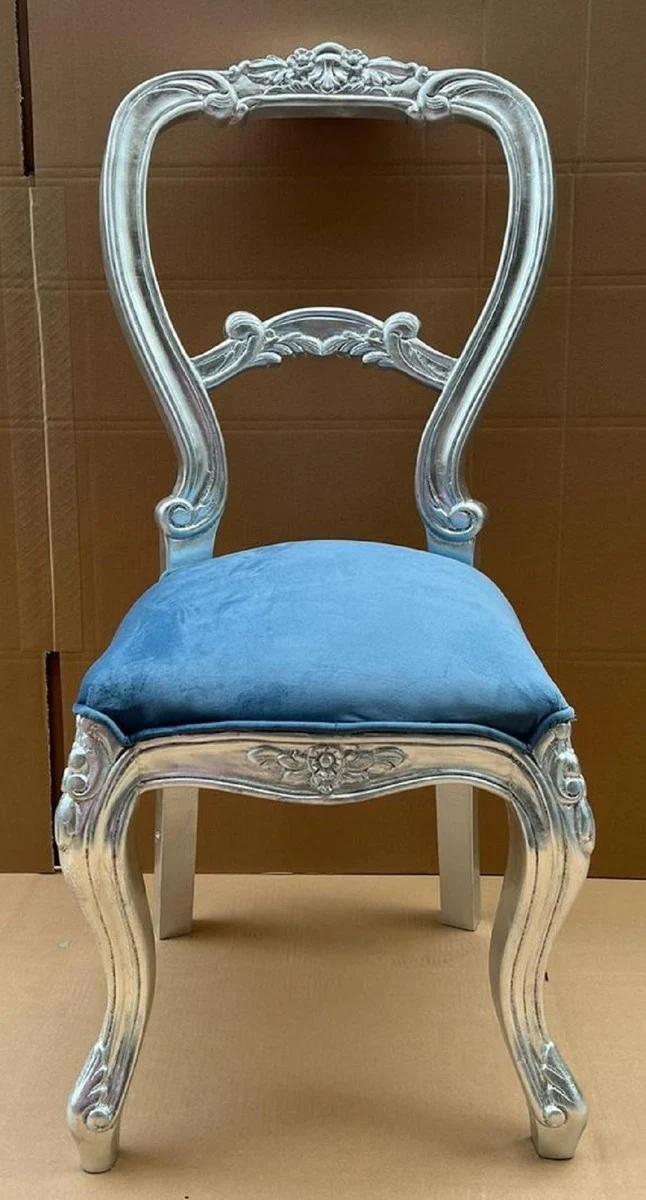 Casa Padrino Luxus Barock Damen Stuhl Blau / Silber - Handgefertigter Barockstil Schminktisch Stuhl - Luxus Schlafzimmer Möbel im Barockstil - Barock Möbel - Edel & Prunkvoll