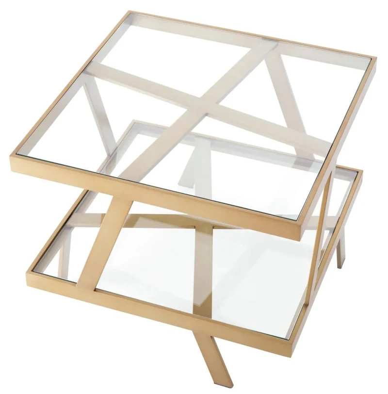 Casa Padrino Luxus Beistelltisch Messing 60 x 60 x H. 50,5 cm - Quadratischer Edelstahl Tisch mit Glasplatten - Wohnzimmer Möbel - Luxus Möbel - Luxus Qualität