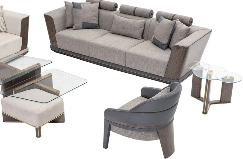 Casa Padrino Luxus Sofa Grau / Blau / Gold 280 x 98 x H. 85 cm - Wohnzimmer Sofa - Hotel Sofa - Wohnzimmer Möbel - Wohnzimmer Einrichtung - Hotel Möbel - Luxus Möbel - Luxus Einrichtung