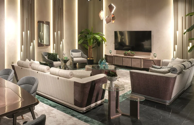 Casa Padrino Luxus Sofa Grau / Blau / Gold 280 x 98 x H. 85 cm - Wohnzimmer Sofa - Hotel Sofa - Wohnzimmer Möbel - Wohnzimmer Einrichtung - Hotel Möbel - Luxus Möbel - Luxus Einrichtung