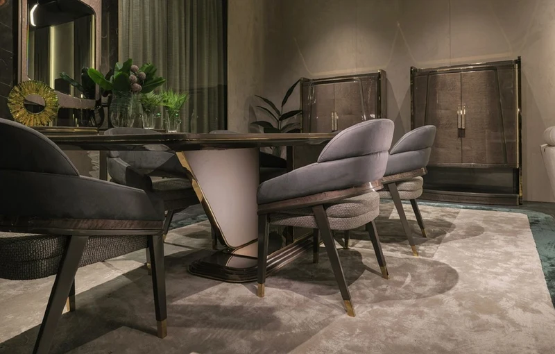Casa Padrino Luxus Esszimmer Set Blau / Grau / Gold - 1 Luxus Esstisch & 6 Luxus Esszimmerstühle - Esszimmer Möbel - Luxus Möbel - Luxus Einrichtung
