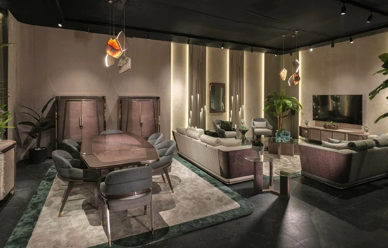 Casa Padrino Luxus Esszimmer Set Blau / Grau / Gold - 1 Luxus Esstisch & 6 Luxus Esszimmerstühle - Esszimmer Möbel - Luxus Möbel - Luxus Einrichtung
