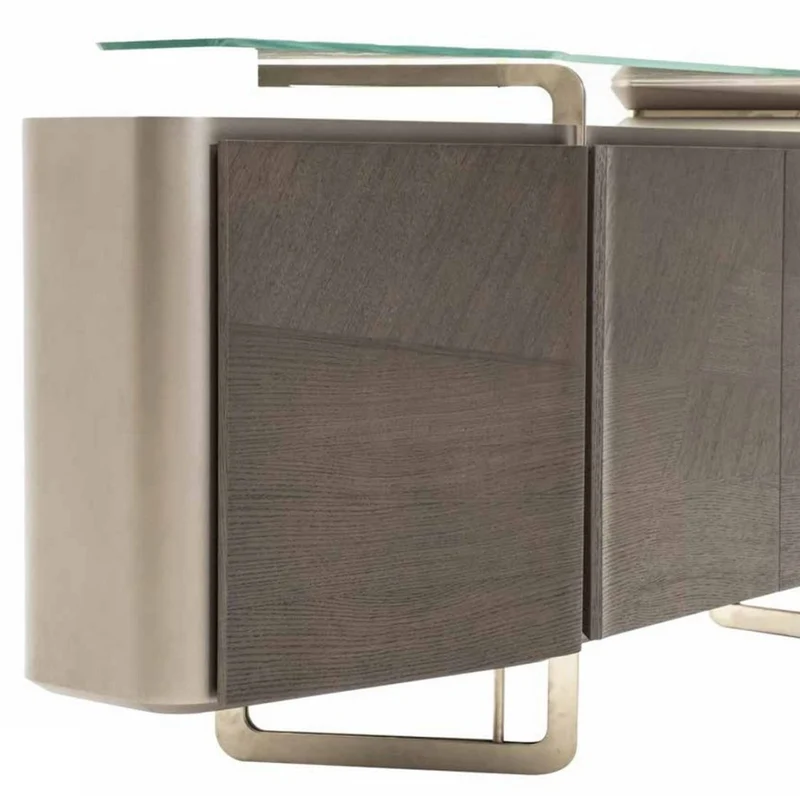 Casa Padrino Luxus Sideboard Grau / Silber 250 x 50 x H. 86 cm - Massivholz Schrank mit 4 Türen und Glasplatte - Luxus Möbel - Hotel Möbel - Luxus Einrichtung