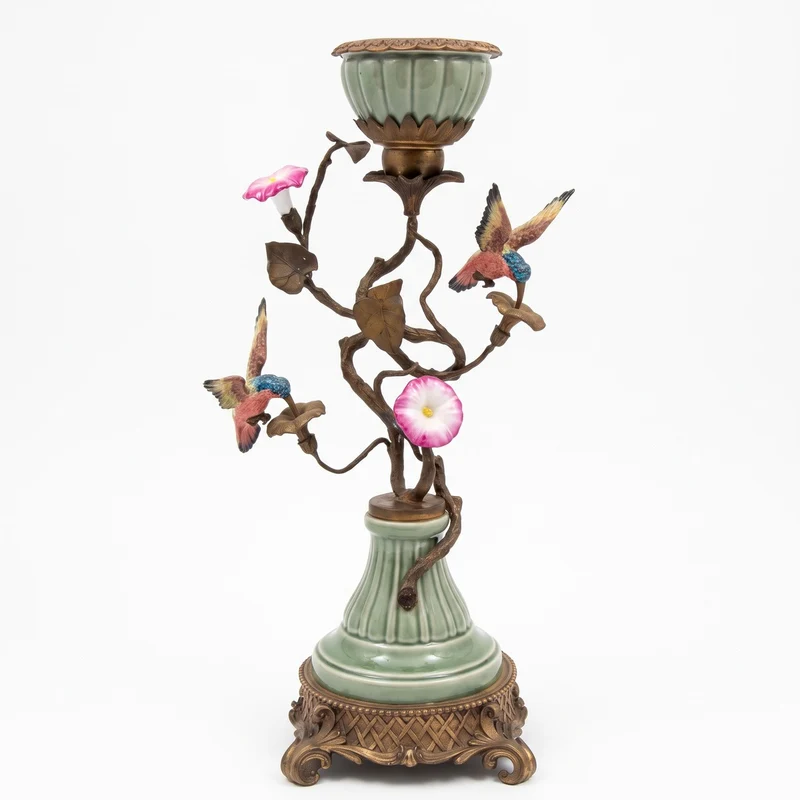 Casa Padrino Jugendstil Kerzenhalter mit dekorativen Blumen und Vögeln Mehrfarbig / Antik Messing H. 48 cm - Deko Accessoires im Barock & Jugendstil
