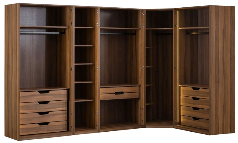Casa Padrino Luxus Eck Kleiderschrank Braun / Schwarz 345 x 195 x H. 220 cm - Massivholz Schlafzimmerschrank mit 8 Glastüren und LED Beleuchtung - Schlafzimmer Möbel - Hotel Möbel - Luxus Möbel