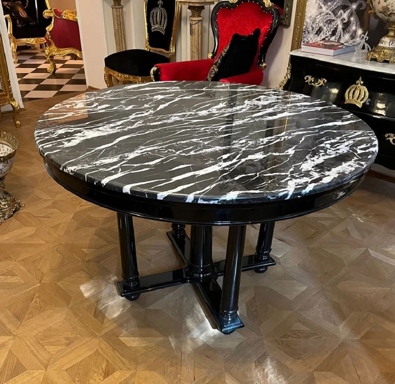 Casa Padrino Luxus Esstisch Schwarz Ø 120 x H. 80 cm - Runder Massivholz Küchentisch mit Marmorplatte - Esszimmer Möbel - Luxus Möbel
