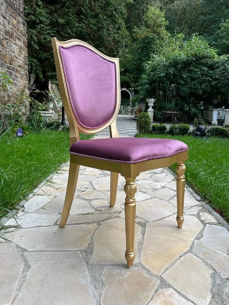 Casa Padrino Luxus Art Deco Samt Esszimmer Stuhl Lila / Gold - Art Deco Massivholz Stuhl - Art Deco Esszimmer Möbel - Art Deco Möbel - Art Deco Einrichtung - Luxus Möbel im Art Deco Stil