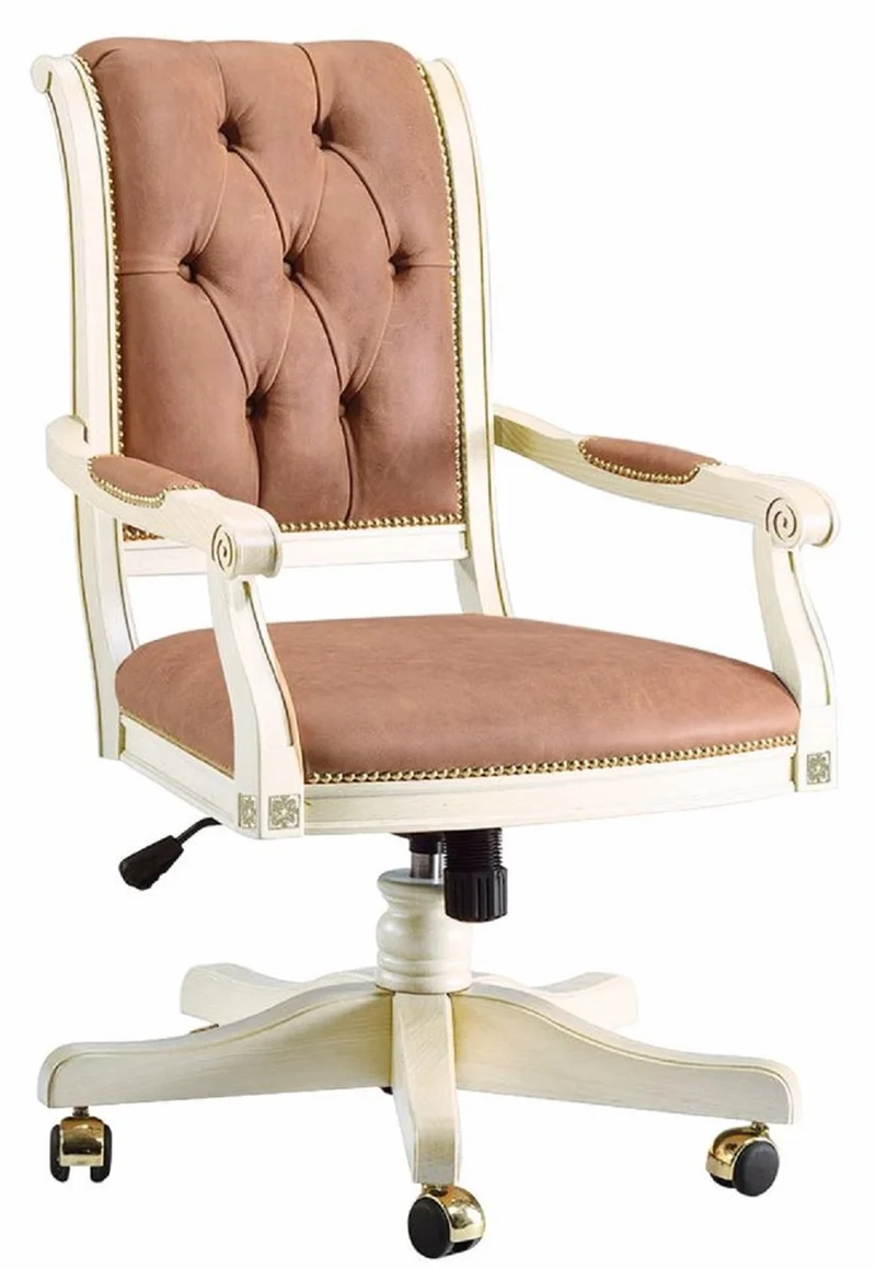 Casa Padrino Luxus Barock Chesterfield Schreibtischstuhl Hellbraun / Weiß / Gold - Höhenverstellbarer Barockstil Bürostuhl - Barock Büro Möbel - Luxus Qualität - Made in Italy