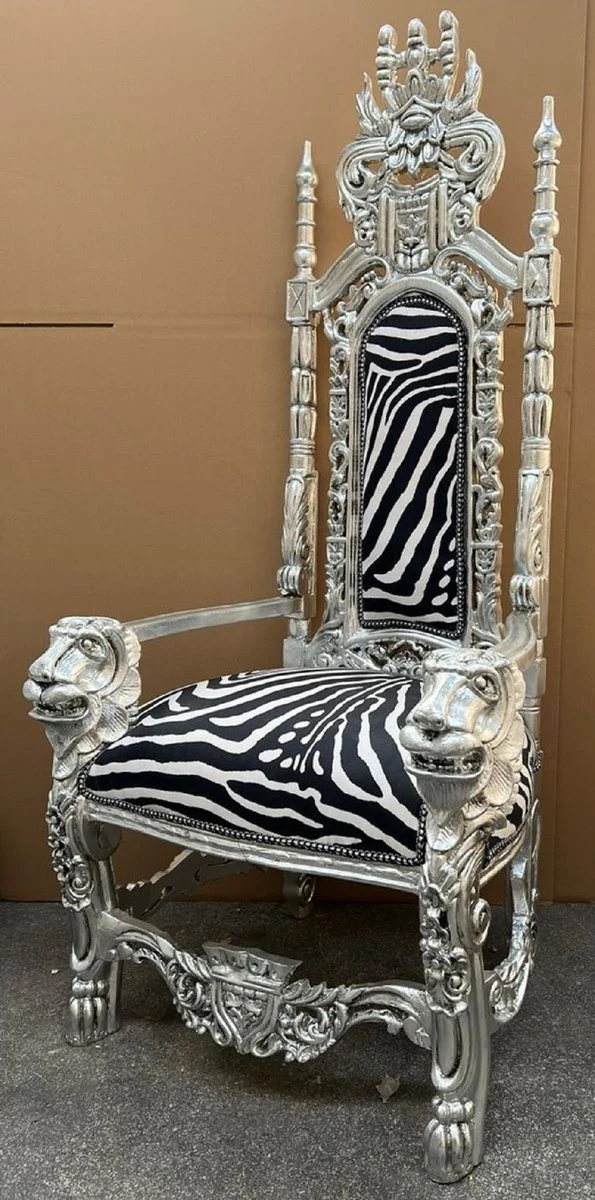 Casa Padrino Barock Thron Sessel Schwarz / Weiß / Silber - Prunkvoller Barockstil Königssessel mit edlem Samtstoff im Zebra Design - Barockstil Hochzeitssessel - Barock Riesensessel - Barock Möbel