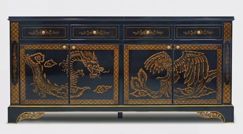 Casa Padrino Luxus Barock Sideboard im chinesischen Stil Schwarz / Gold - Barockstil Massivholz Schrank mit 4 Schubladen & 4 Türen - Luxus Esszimmer Möbel im Barockstil - Barock Esszimmer Möbel