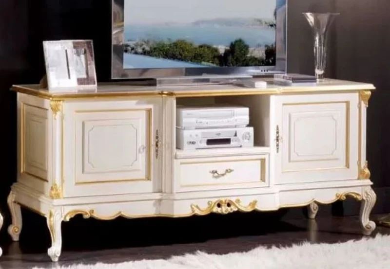 Casa Padrino Luxus Barock TV Schrank Weiß / Gold - Handgefertigtes Massivholz Sideboard mit 2 Türen und Schublade - Barock Wohnzimmer Möbel - Luxus Qualität - Made in Italy