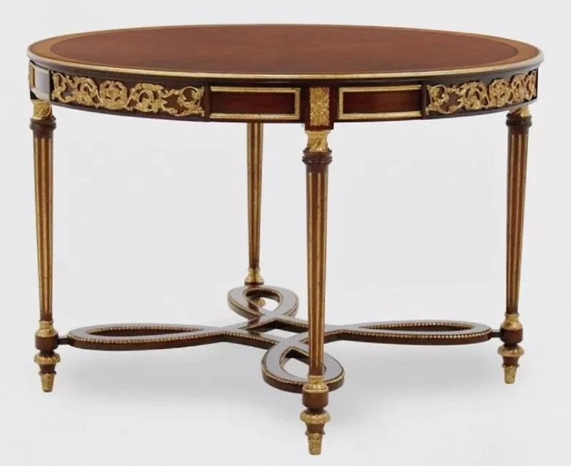 Casa Padrino Luxus Barock Esstisch Dunkelbraun / Braun / Antik Gold - Runder Barockstil Massivholz Küchentisch - Luxus Esszimmer Möbel im Barockstil - Barock Esszimmer Möbel
