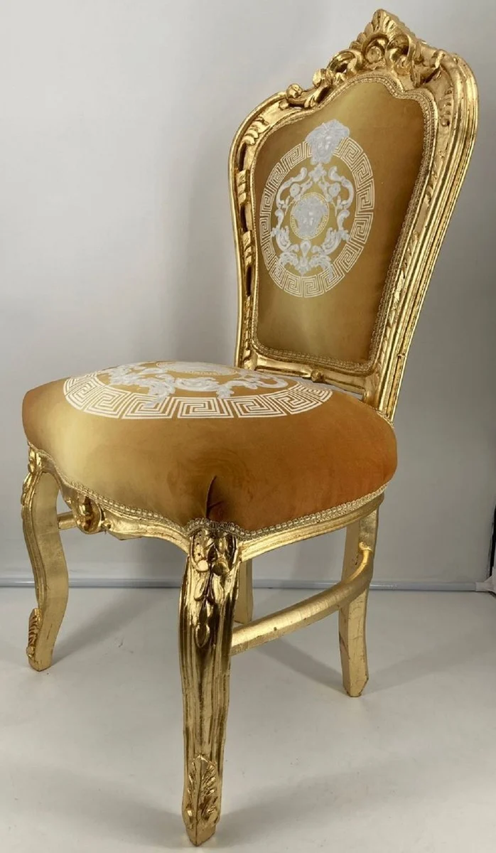 Casa Padrino Barock Esszimmer Stuhl Gold Muster / Gold - Handgefertigter Antik Stil Massivholz Stuhl - Barock Esszimmer Möbel