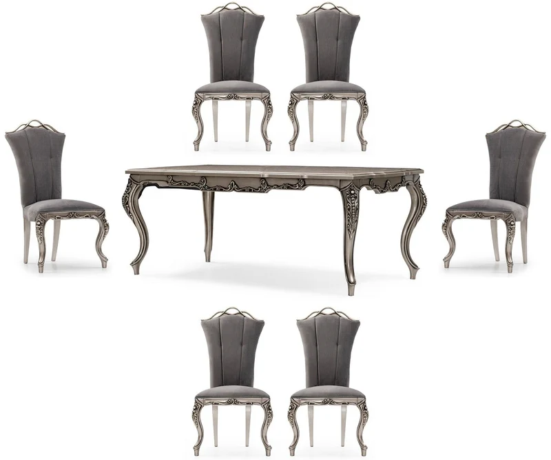Casa Padrino Luxus Barock Esszimmer Set Grau / Silber - 1 Barock Esstisch & 6 Barock Esszimmerstühle - Luxus Esszimmer Möbel im Barockstil - Prunkvolle Barock Esszimmer Möbel