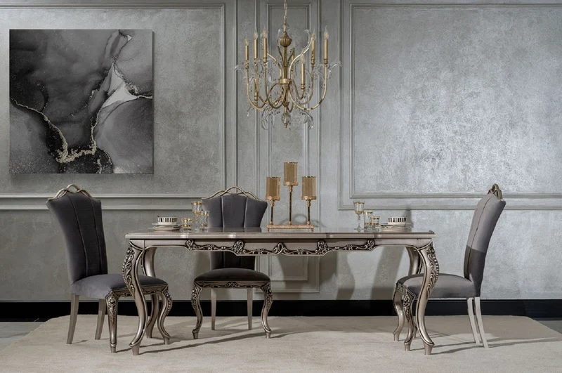 Casa Padrino Luxus Barock Esszimmer Set Grau / Silber - 1 Barock Esstisch & 6 Barock Esszimmerstühle - Luxus Esszimmer Möbel im Barockstil - Prunkvolle Barock Esszimmer Möbel