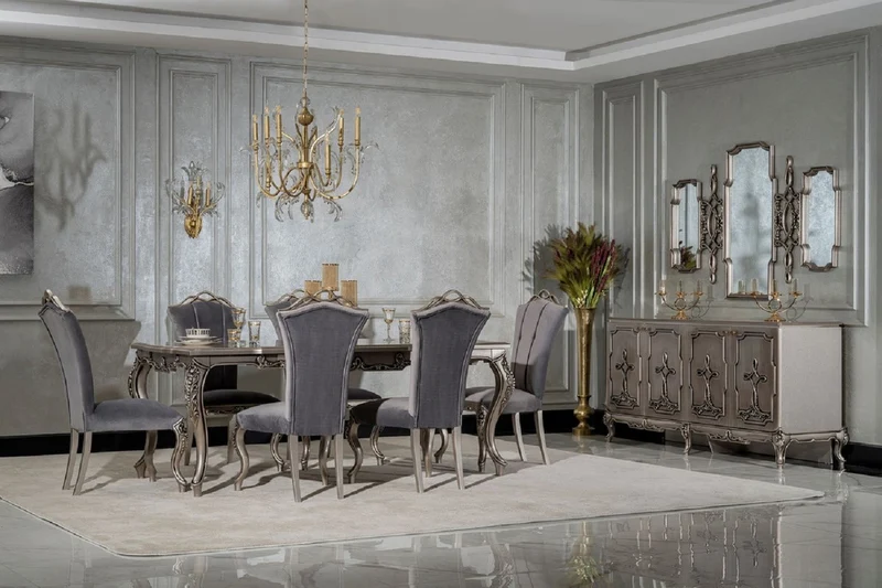 Casa Padrino Luxus Barock Esszimmer Set Grau / Silber - 1 Barock Esstisch & 6 Barock Esszimmerstühle - Luxus Esszimmer Möbel im Barockstil - Prunkvolle Barock Esszimmer Möbel