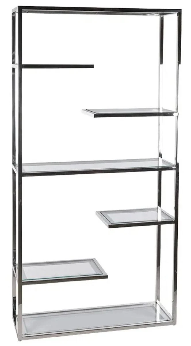 Casa Padrino Regalschrank mit Glasregalen Silber 110 x 36 x H. 220 cm - Bücherschrank - Wohnzimmer Schrank - Büro Schrank - Wohnzimmer Möbel - Büro Möbel - Luxus Möbel
