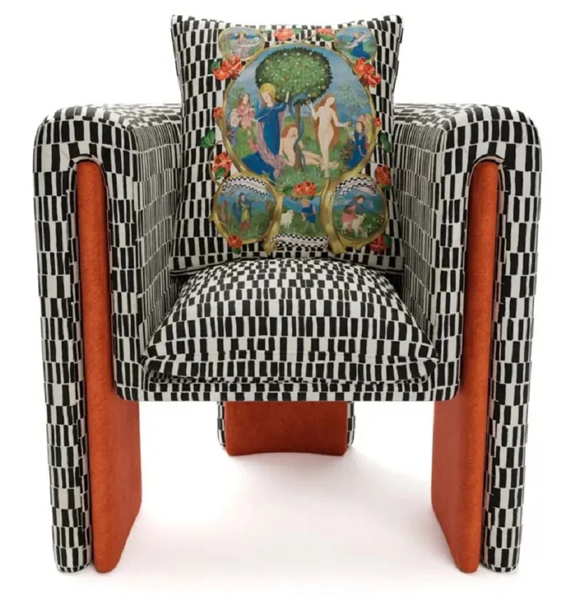 Casa Padrino Luxus Designer Samt Sessel mit Kissen Schwarz / Weiß / Orange 80 x 68 x H. 99 cm - Wohnzimmer Sessel - Hotel Sessel - Wohnzimmer Möbel - Hotel Möbel - Luxus Möbel - Designer Möbel