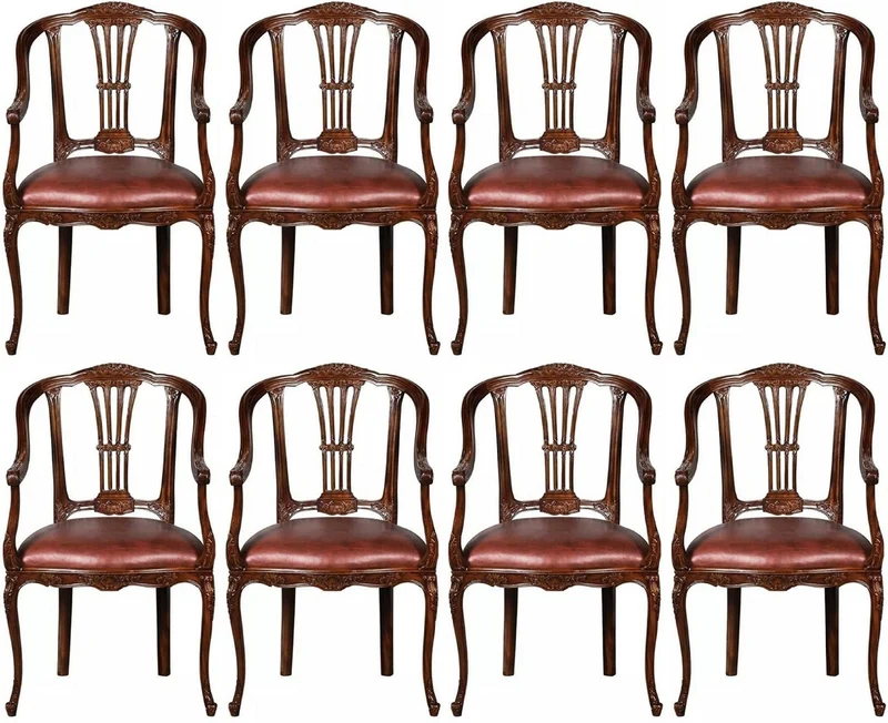 Casa Padrino Luxus Barock Leder Esszimmer Stuhl 8er Set mit Armlehnen Braun - Prunkvolle Barockstil Echtleder Küchen Stühle - Luxus Barock Esszimmer Möbel - Edel & Prunkvoll