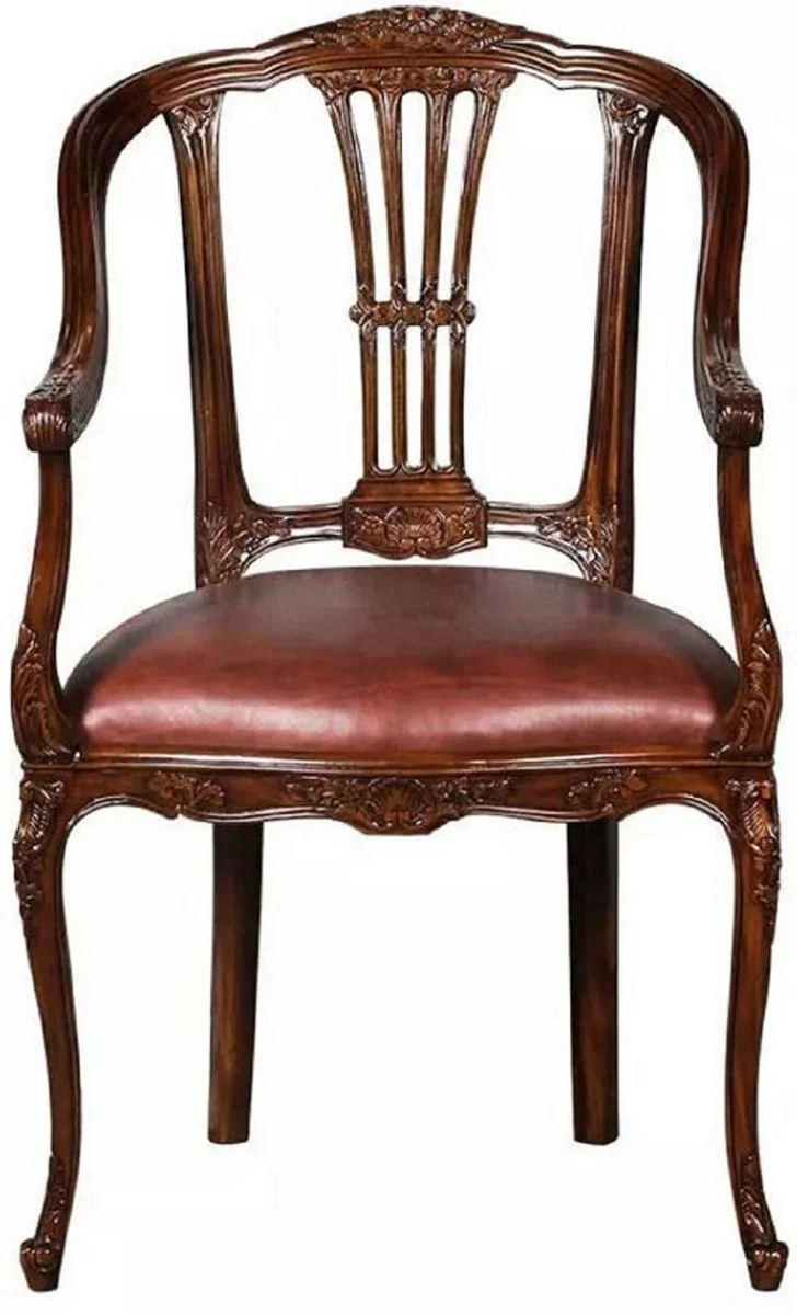 Casa Padrino Luxus Barock Leder Esszimmer Stuhl 8er Set mit Armlehnen Braun - Prunkvolle Barockstil Echtleder Küchen Stühle - Luxus Barock Esszimmer Möbel - Edel & Prunkvoll