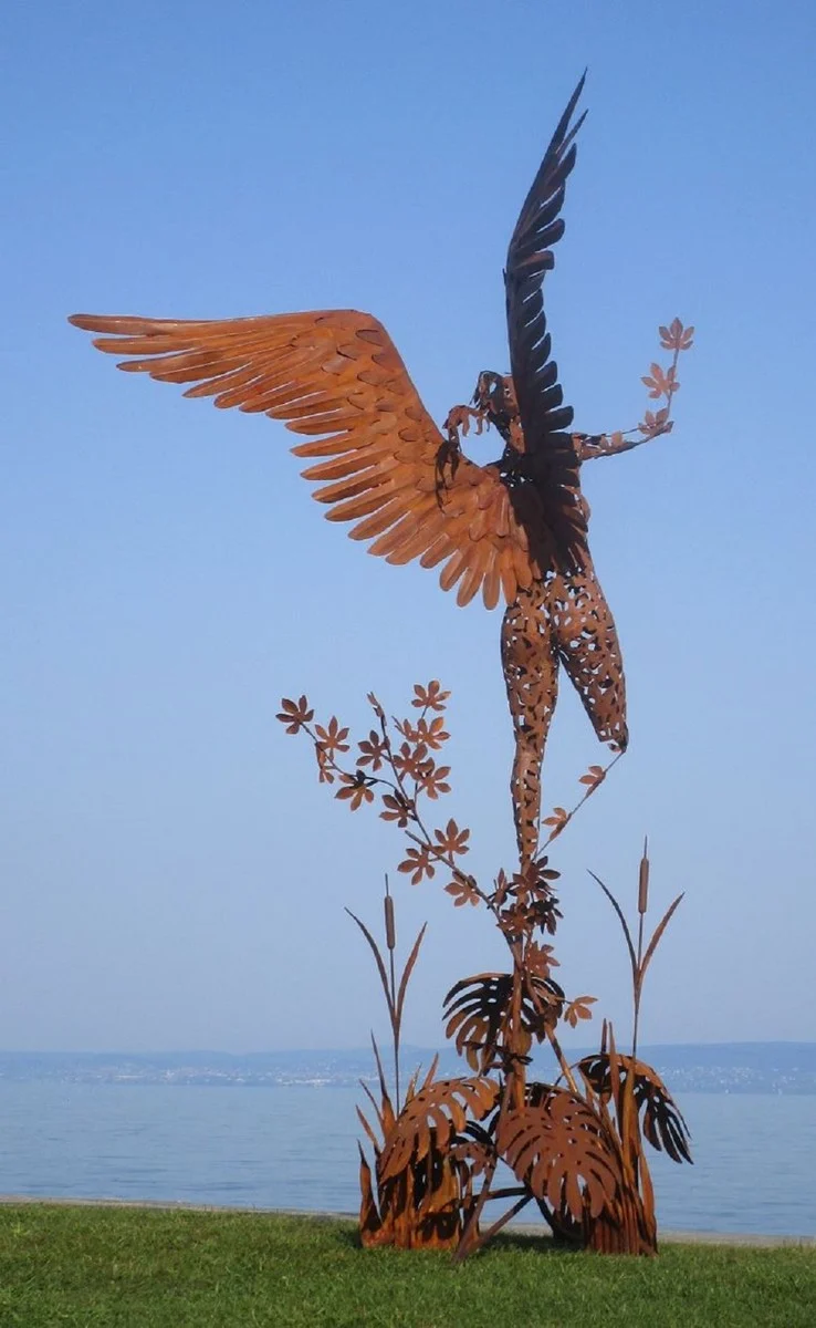 Casa Padrino Luxus Deko Skulptur Engel Rost 200 x 145 x H. 370 cm - Riesige Stahl Skulptur - Riesige Garten Deko Figur - Garten Skulpturen - Metall Skulpturen