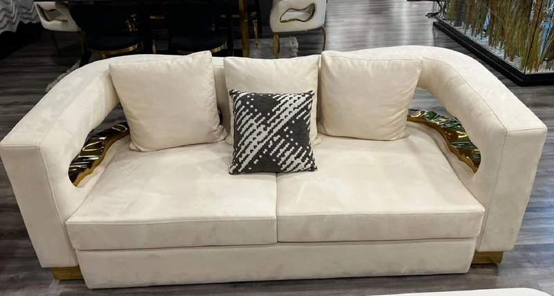 Casa Padrino Luxus 2er Sofa Creme / Gold 205 x 100 x H. 77 cm - Wohnzimmer Sofa - Hotel Sofa - Wohnzimmer Möbel - Hotel Möbel - Luxus Möbel - Luxus Einrichtung - Wohnzimmer Einrichtung