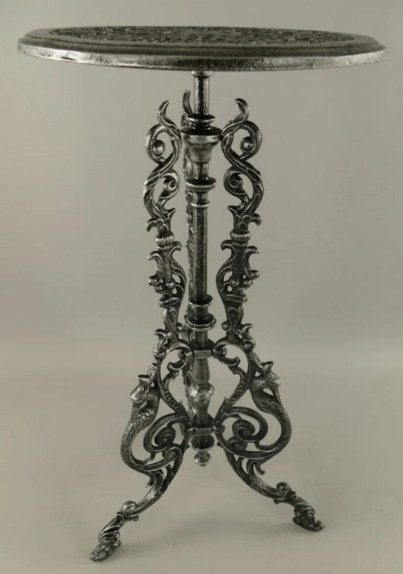 Casa Padrino Jugendstil Garten Beistelltisch Antik Grau / Schwarz Ø 36 x H. 70 cm - Runder Garten Metall Tisch - Runder Blumentisch - Barock & Jugendstil Garten Möbel