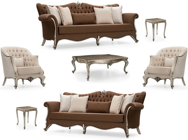 Casa Padrino Luxus Barock Wohnzimmer Set Braun / Creme / Antik Silber - 2 Sofas & 2 Sessel & 1 Couchtisch & 2 Beistelltische - Handgefertigte Wohnzimmer Möbel im Barockstil - Edel & Prunkvoll
