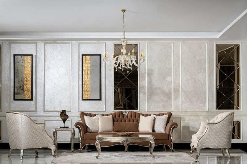 Casa Padrino Luxus Barock Wohnzimmer Set Braun / Creme / Antik Silber - 2 Sofas & 2 Sessel & 1 Couchtisch & 2 Beistelltische - Handgefertigte Wohnzimmer Möbel im Barockstil - Edel & Prunkvoll