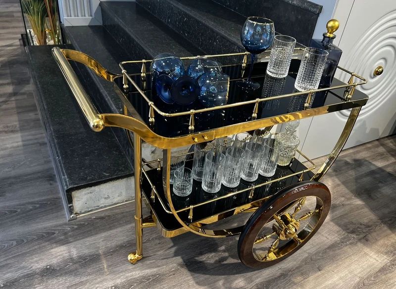 Casa Padrino Luxus Servierwagen Gold / Braun / Schwarz 98 x 48 x H. 85 cm - Edelstahl Trolley mit Glasplatten - Hotel Restaurant Gastronomie Trolley - Hotel & Restaurant Accessoires