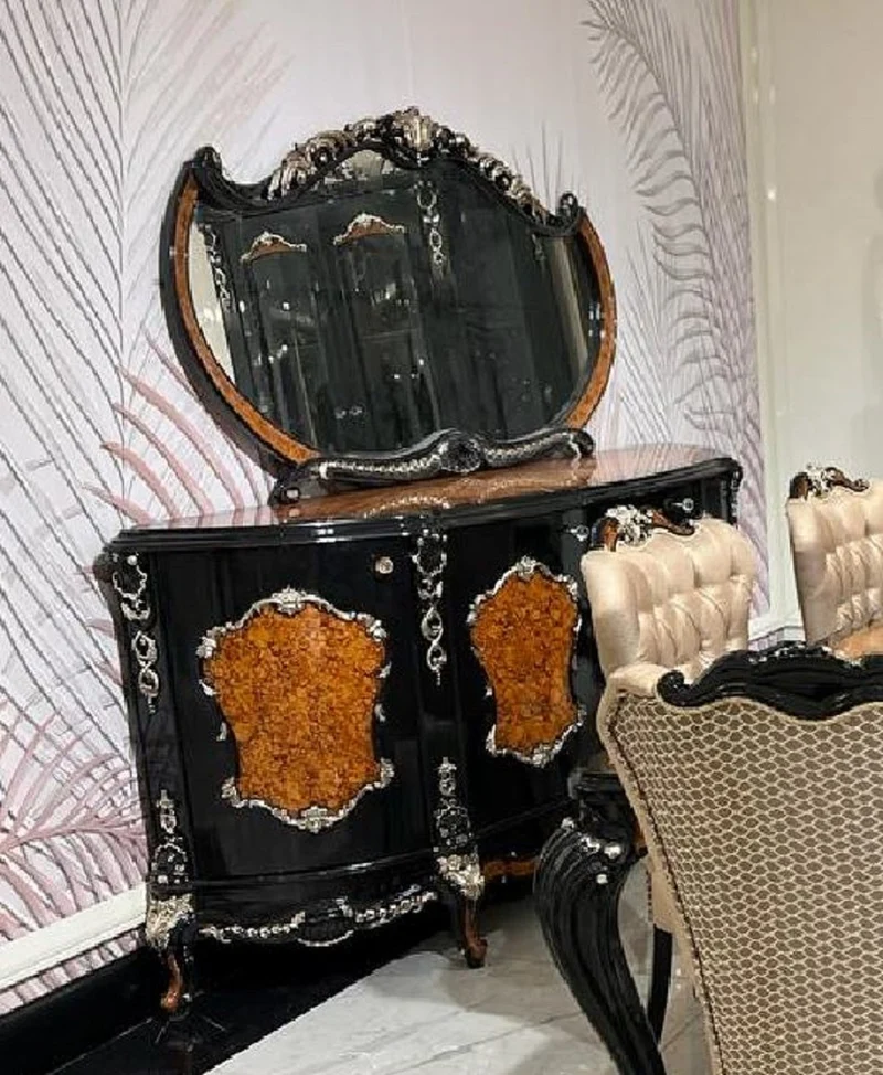 Casa Padrino Luxus Barock Sideboard mit Spiegel Braun / Schwarz / Silber - Luxus Möbel Möbel im Barockstil - Barock Möbel - Barock Einrichtung - Edel & Prunkvoll