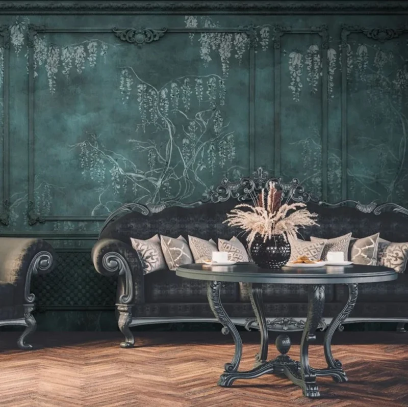 Casa Padrino Luxus Barock Vliestapete Antik Grün / Weiß - Barockstil Wohnzimmer Tapete mit elegantem Stuck Muster - Wanddeko im Barockstil - Barock Tapeten - Tapeten im Barockstil