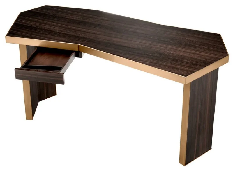 Casa Padrino Luxus Schreibtisch Braun / Messing 106 x 68 x H. 75 cm - Massivholz Bürotisch mit Schublade - Computertisch - Büro Möbel - Luxus Möbel - Luxus Einrichtung - Luxus Qualität