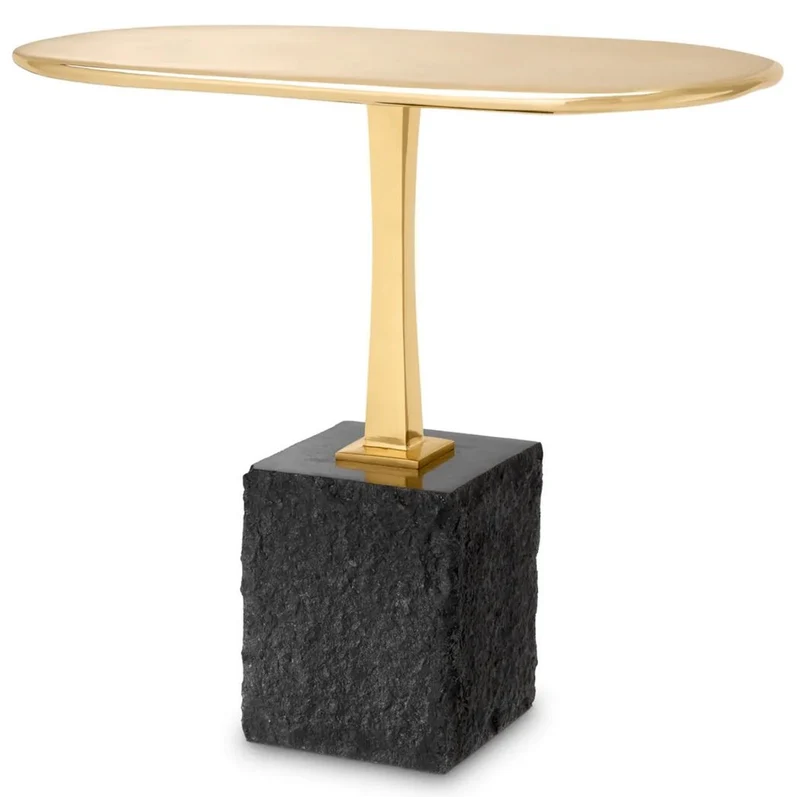 Casa Padrino Luxus Beistelltisch Messing / Schwarz 56 x 36 x H. 50 cm - Ovaler Messing Tisch mit Granitsockel - Luxus Möbel - Wohnzimmer Möbel - Luxus Einrichtung - Wohnzimmer Einrichtung