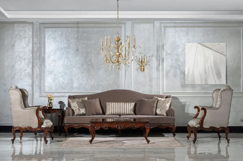 Casa Padrino Luxus Barock Wohnzimmer Set Grau / Silber / Braun - 2 Sofas & 2 Sessel & 1 Couchtisch & 2 Beistelltische - Handgefertigte Wohnzimmer Möbel im Barockstil - Edel & Prunkvoll