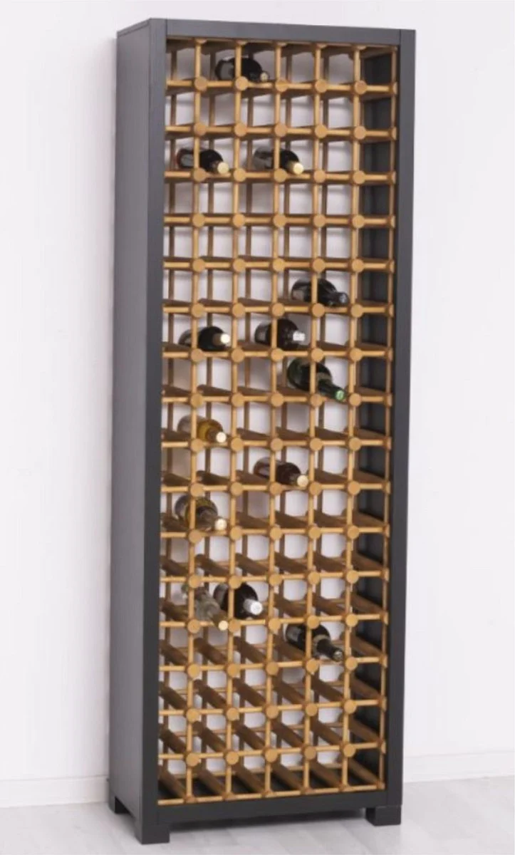 Casa Padrino Landhausstil Massivholz Weinschrank Schwarz / Naturfarben 68 x 35 x H. 200 cm - Massivholz Weinregal im Landhausstil - Massivholz Bar Möbel - Landhausstil Bar Möbel