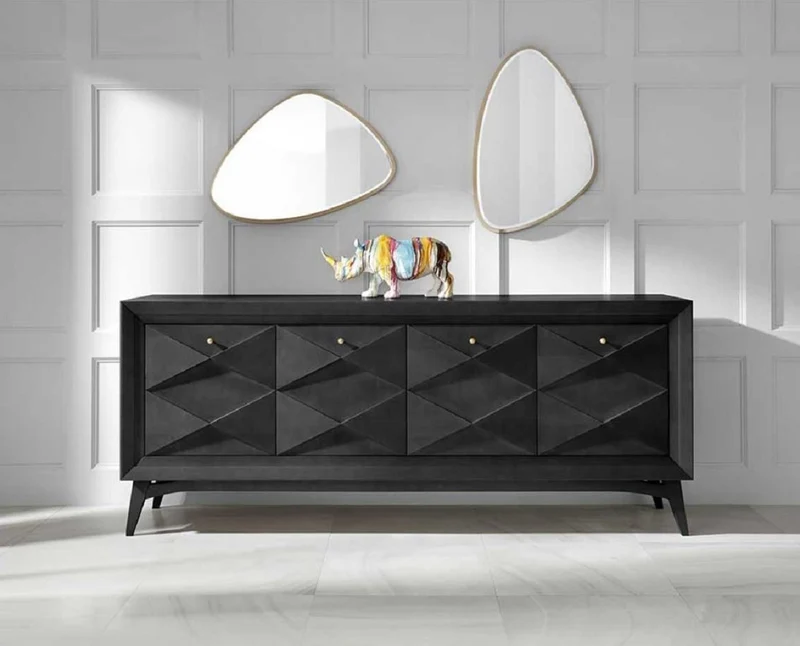 Casa Padrino Luxus Art Deco Sideboard Schwarz 220 x 50 x H. 92 cm - Edler Massivholz Schrank mit 4 Türen - Esszimmer Möbel - Art Deco Möbel - Luxus Möbel