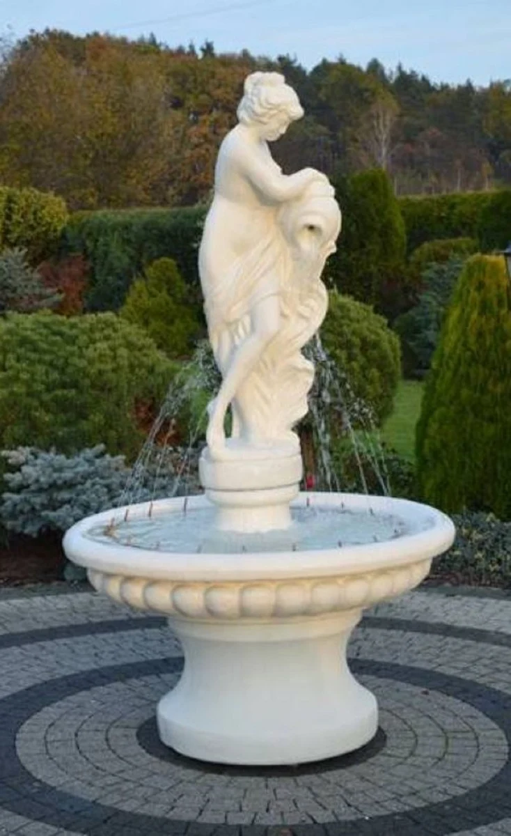 Casa Padrino Barock Springbrunnen Weiß Ø 120 x H. 196 cm - Prunkvoller Gartenbrunnen im Barockstil - Runder Gartendeko Stein Brunnen - Barock Garten Deko Accessoires