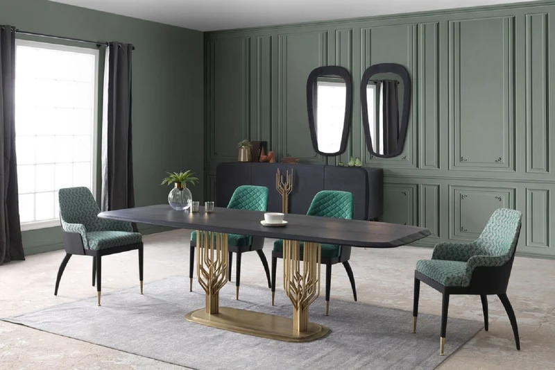 Casa Padrino Luxus Esszimmer Set Grün / Schwarz / Messing - 1 Luxus Esstisch & 8 Luxus Esszimmerstühle - Esszimmer Möbel - Luxus Möbel - Luxus Kollektion