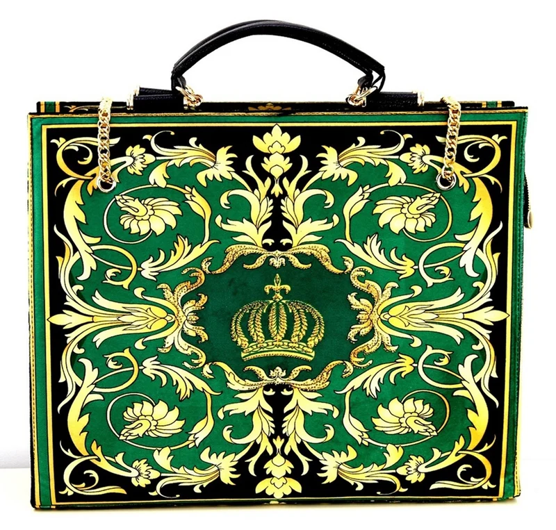 Pompöös by Casa Padrino Damen Luxus Handtaschen Set Baroque Flowers mit Krone und Strass Steine Grün / Schwarz / Gold - Pompööse Damen Handtaschen designed by Harald Glööckler