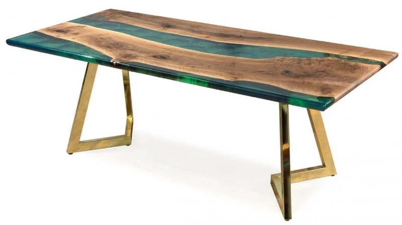 Casa Padrino Luxus Esstisch Braun / Grün / Gold 210 x 100 x H. 76 cm - Rechteckiger Küchentisch mit Epoxiharz - Esszimmer Möbel - Epoxiharz Möbel - Luxus Möbel