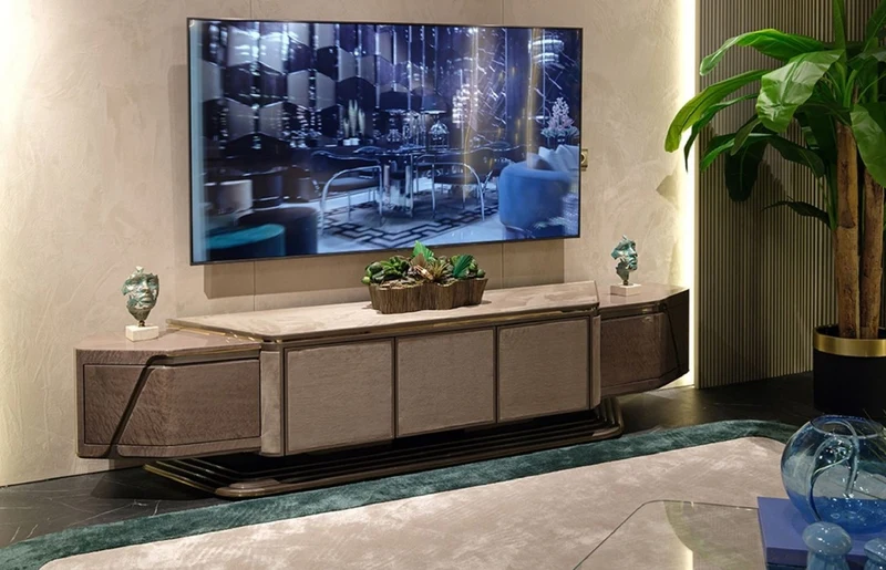 Casa Padrino Luxus TV Schrank Grau / Gold 251 x 50 x H. 58 cm - Massivholz Sideboard mit 5 Türen - Wohnzimmer Möbel - Luxus Möbel - Luxus Einrichtung