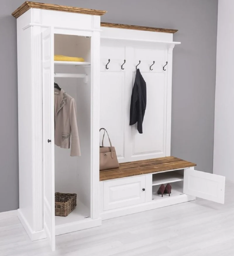 Casa Padrino Landhausstil Garderobenschrank Weiß / Braun 205 x 65 x H. 210 cm - Massivholz Garderobe - Flur Schrank - Flurmöbel - Garderoben Möbel - Massivholz Möbel - Landhausstil Möbel