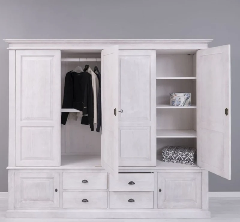 Casa Padrino Landhausstil Schlafzimmerschrank Hellgrau 232 x 59 x H. 197 cm - Massivholz Kleiderschrank mit 6 Türen und 4 Schubladen - Massivholz Schlafzimmer Möbel im Landhausstil