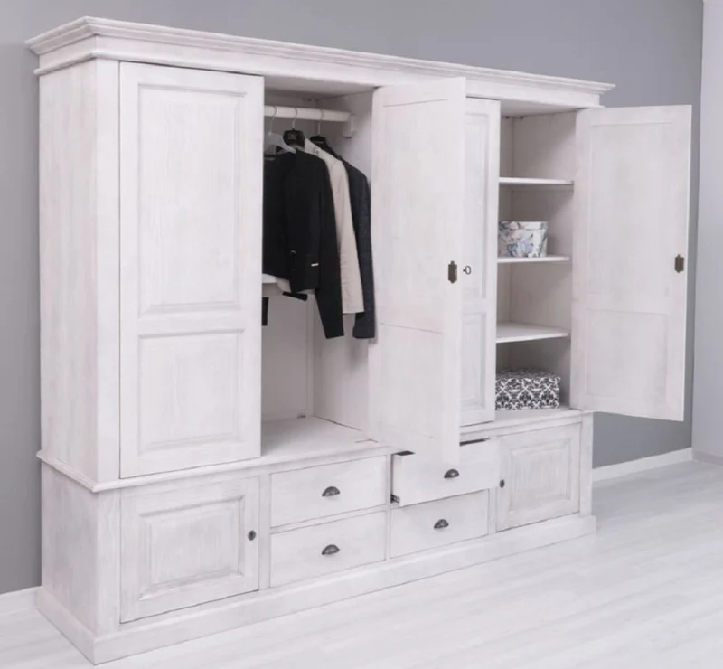 Casa Padrino Landhausstil Schlafzimmerschrank Hellgrau 232 x 59 x H. 197 cm - Massivholz Kleiderschrank mit 6 Türen und 4 Schubladen - Massivholz Schlafzimmer Möbel im Landhausstil