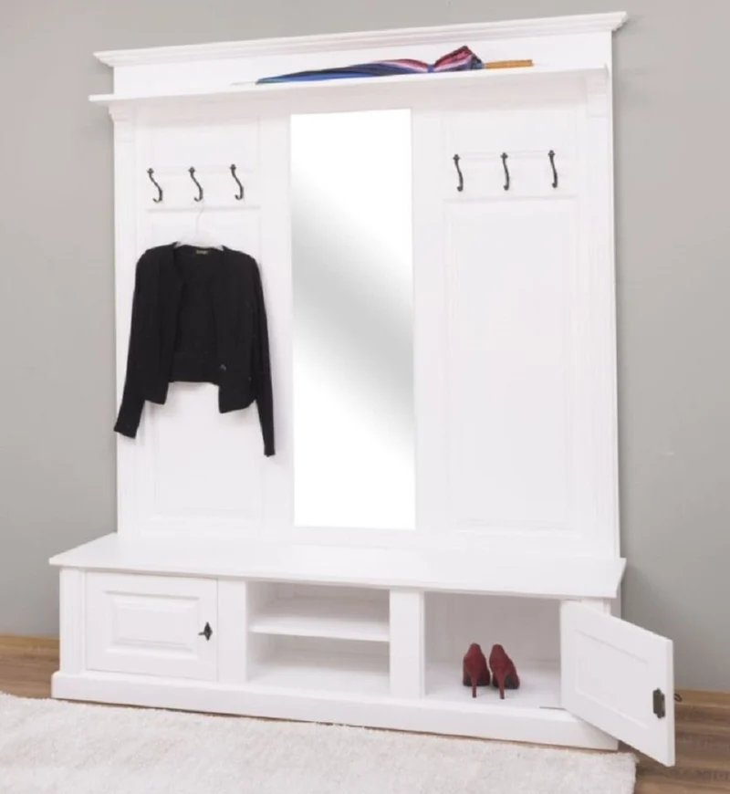 Casa Padrino Landhausstil Garderobe Weiß 180 x 41 x H. 210 cm - Massivholz Garderobenschrank mit Spiegel - Massivholz Garderobenmöbel - Landhausstil Garderobenmöbel