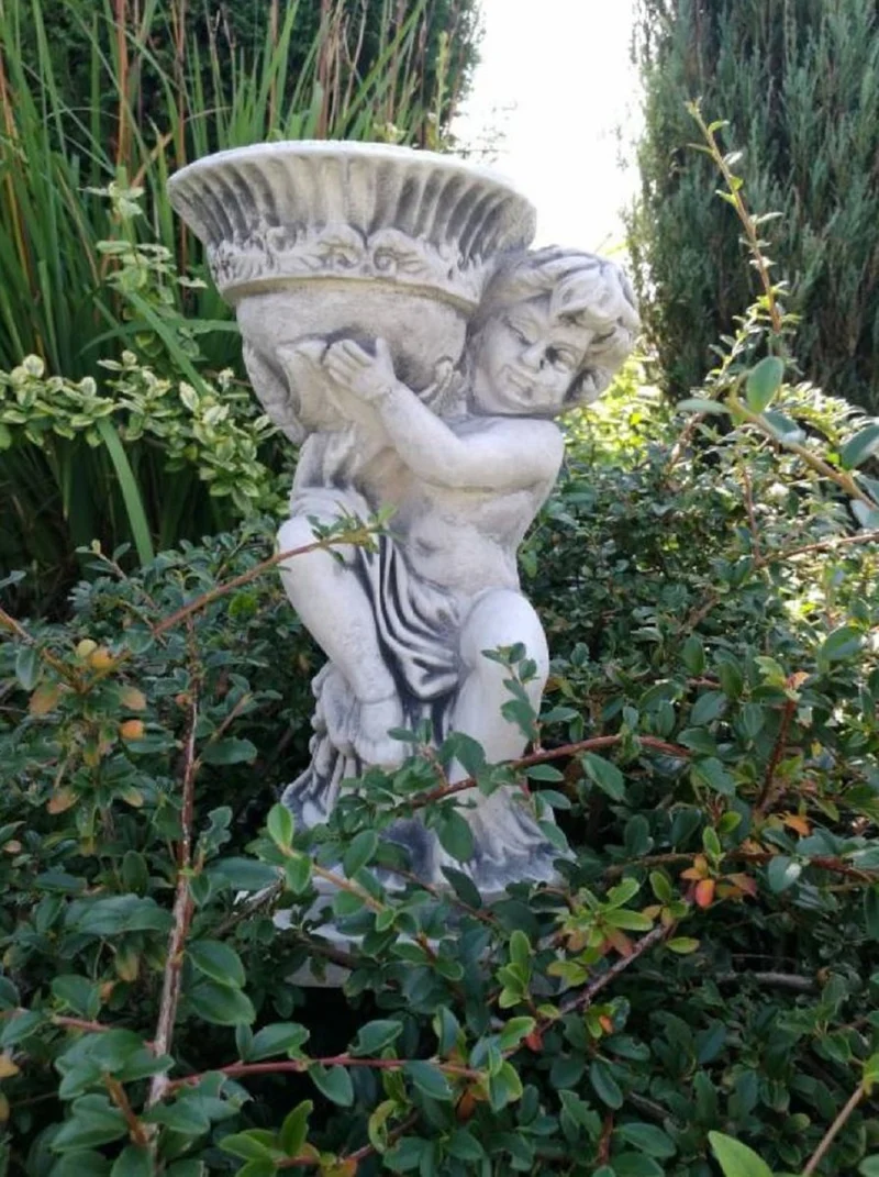 Casa Padrino Jugendstil Skulptur Junge mit Blumentopf Grau H. 33 cm - Elegante Garten Deko Stein Figur mit Pflanzentopf - Barock & Jugendstil Garten Deko Accessoires